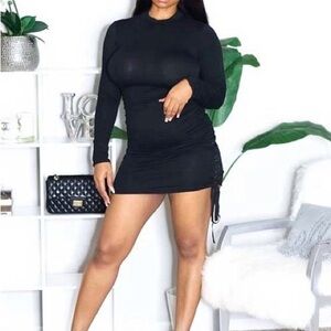 Black Long-Sleeve Ruched Side Mini Dress